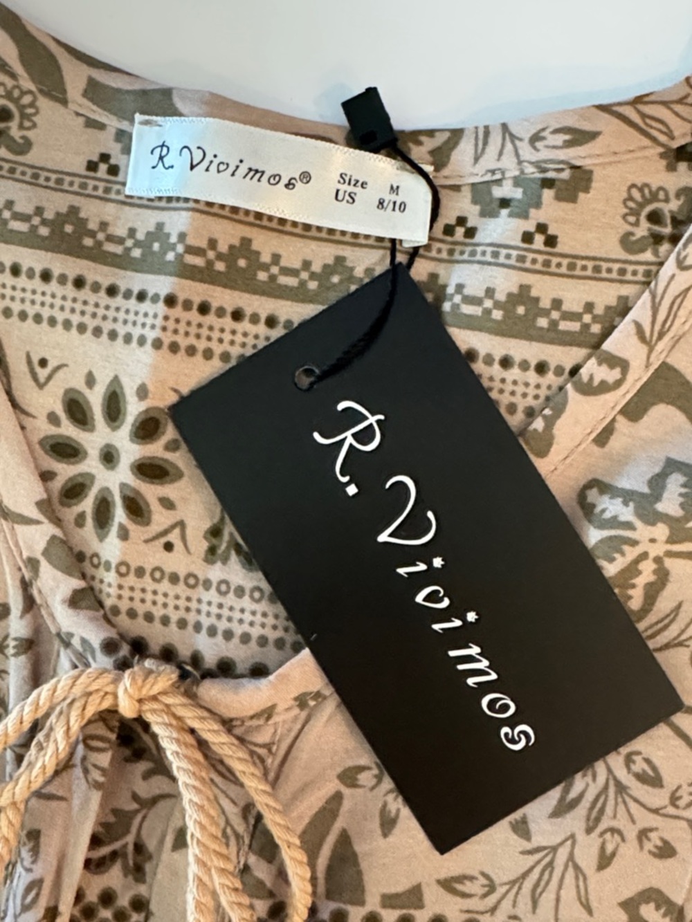 R. Vivimos Cream& Sage Bohemian Floral Flowy Midi Dress, Lightweight Comfy! - Picture 9 of 16